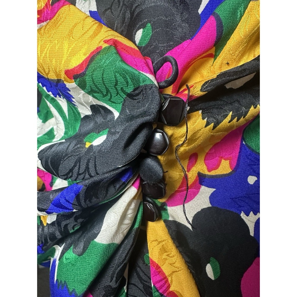 VTG *RARE* 1980's Flora Kung 100% Silk Colorful Floral Puff Sleeve Wrap Dress 6 - Picture 8 of 16